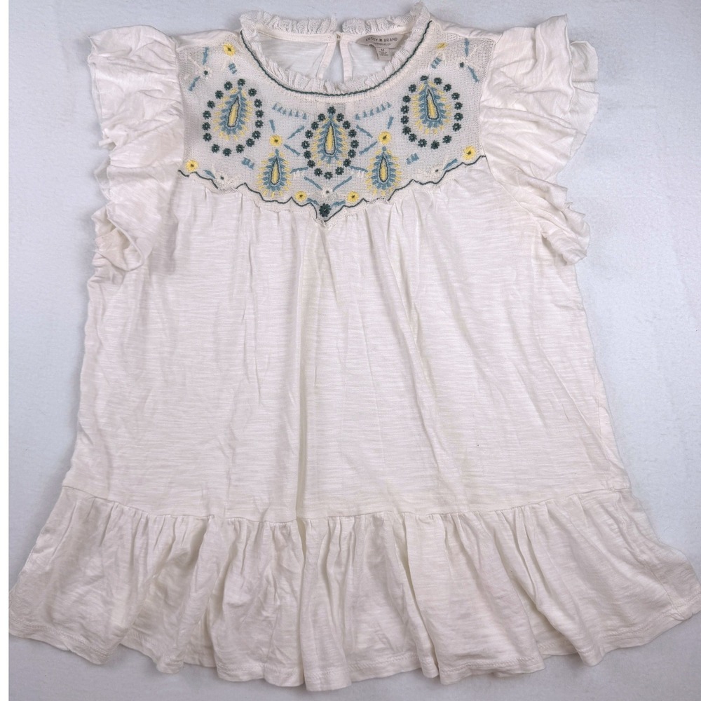 Lucky Brand Womens White Embroidered Boho Flutter Sleeve Peplum Top Size Medium
